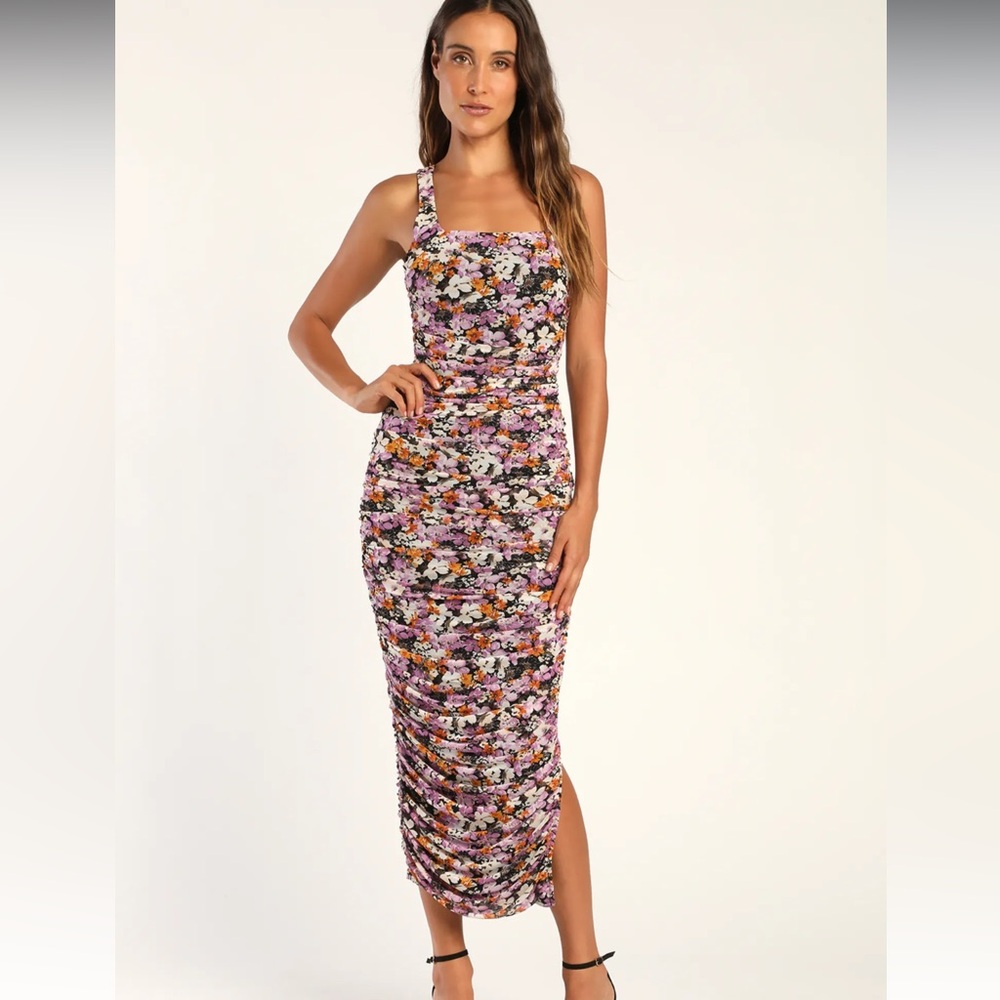 Lulu's V.I.P. Treatment Black Floral Mesh Ruched Bodycon Midi Dress NWOT Small